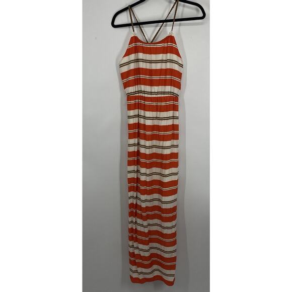 Nell Couture Silk Maxi Dress Size 4 Braided Spaghetti Strap Orange Striped - Picture 14 of 14